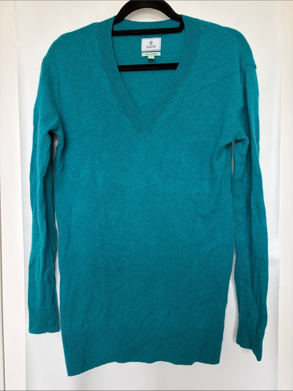 Susina Cashmere Knit Teal V-Neck Long Sweater L